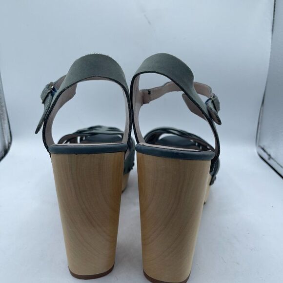 Hinge Parker Strappy leather wooden heel Dusty Blue Sandal 9 - Picture 4 of 11
